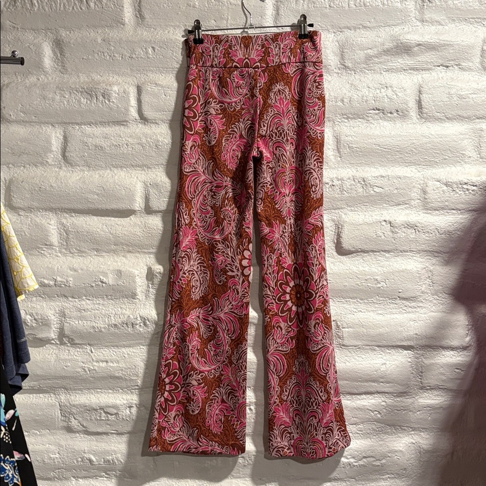 Anthropologie Maeve Pink Bronze Metallic Floral Paisley Wide Leg Flare Pants. - Picture 6 of 10